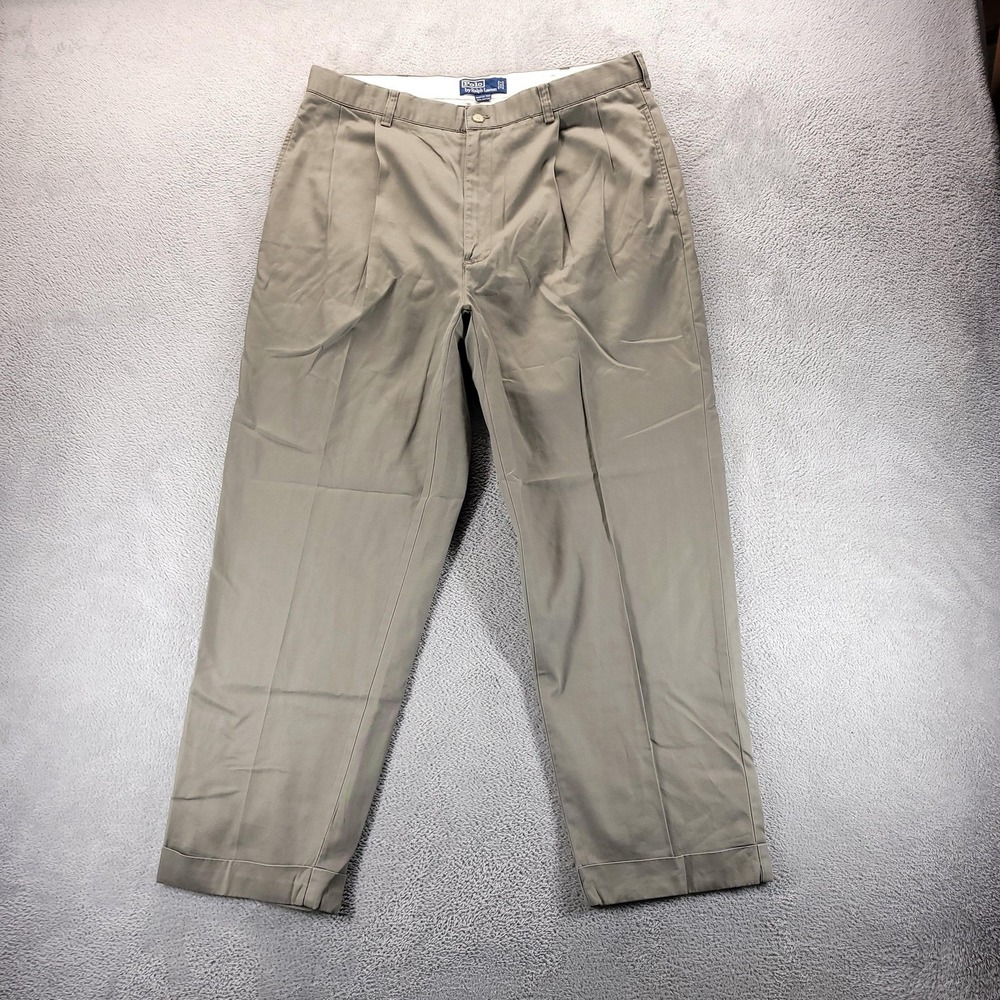 VTG Polo Ralph Lauren Pants 38x30 Beige Hammond Pleated Chino Cuffed Trousers